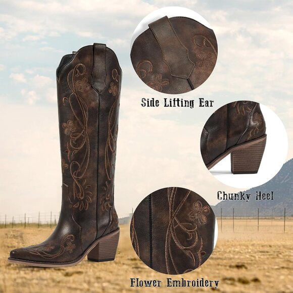 Women's Dark Brown Western Boots with Floral Embroidered Pointed Toe Chunky Heel - Picture 3 of 6
